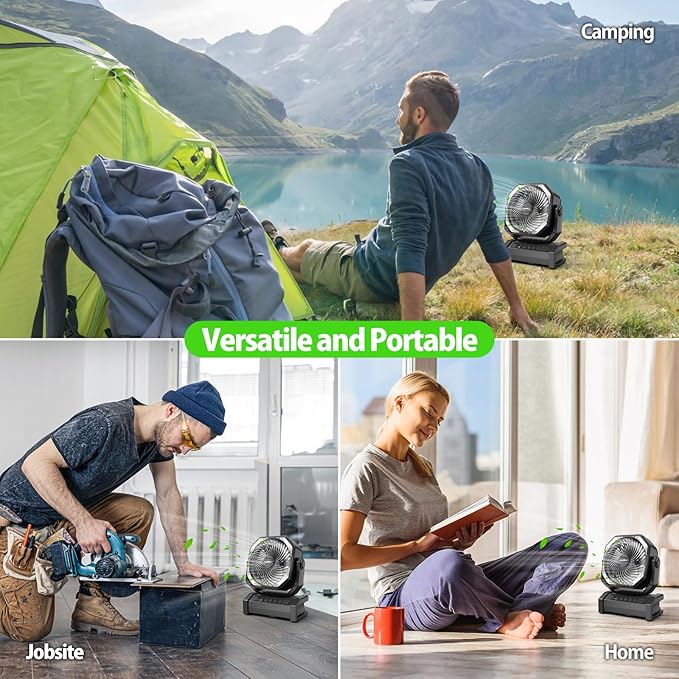 20000mAh Rechargeable Camping Fan - Battery Operated Fan with Light & Remote, Auto Oscillating, 4 Timer, 60 Hrs Work Cordless Tent Fan for Travel Outdoor RV Garage Power Outage Emergency