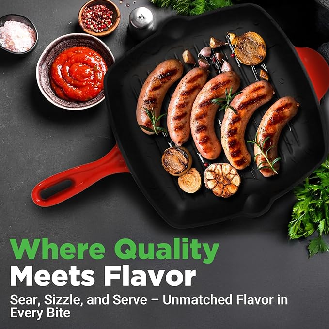 NutriChef 11" Enameled Cast Iron Steak Grill Pan - Square Skillet with Drip Spout, For All Cooktops, Perfect Grill Marks - NCCIES47