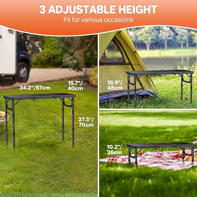 FUNYKICH 3ft Camping Folding Table with 3 Adjustable Height, Portable Small Folding Tables 34.2'' Lx15.7'' W, Lightweight Aluminum Beach Table with Carry Handle for Camping, Backyard Party, Picnic