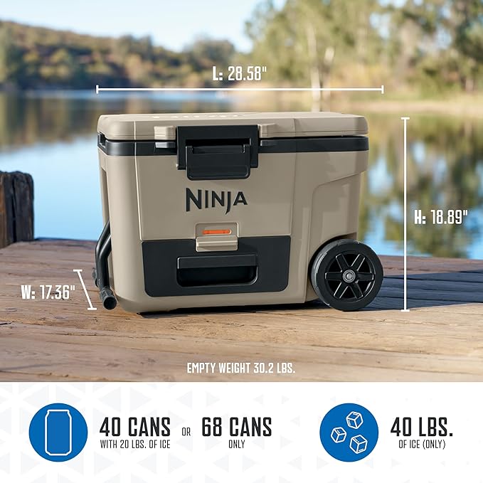 Ninja | Cooler | FrostVault 45QT Cooler with Wheels | Insulated with Temp Dry Storage Drawer | Keeps Ice Cold for Days | for The Beach, Camping, Picnics & More | Birch Beige | FB245CS