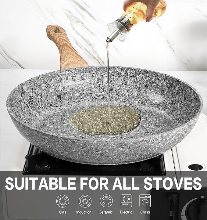 KOCH SYSTEME CS Nonstick Frying Pan with Lid, 12 Inch Grey Granite Frying Pan with Non-toxic Nonstick Coating, Aluminum Skillet with Heat-resistant Bakelite Handle, Induction Compatible, Oven Safe