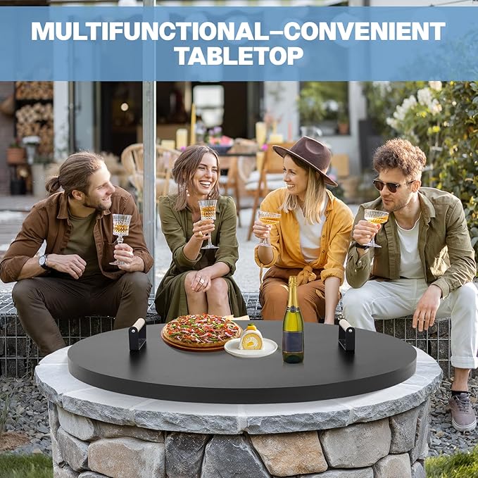 Fire Pit Lid Round 36", Heat Resistant Metal Firepit Cover with 2 Wooden Handles for Round Patio Fire Pit, Compatible for Firepits Inside Dia Up to 34"