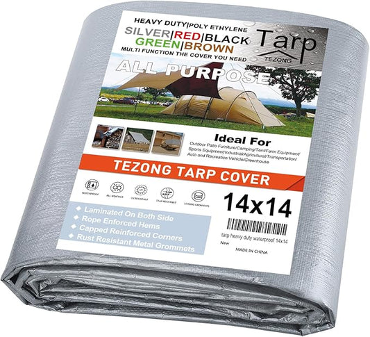 Tarp Heavy Duty Waterproof 14x14ft,TEZONG Silver Plastic Tarp 12Mil Outdoor Tarpaulin Cover for Emergency Rain,Patio Furniture,Wood,Roof,Camping,Car,Pool