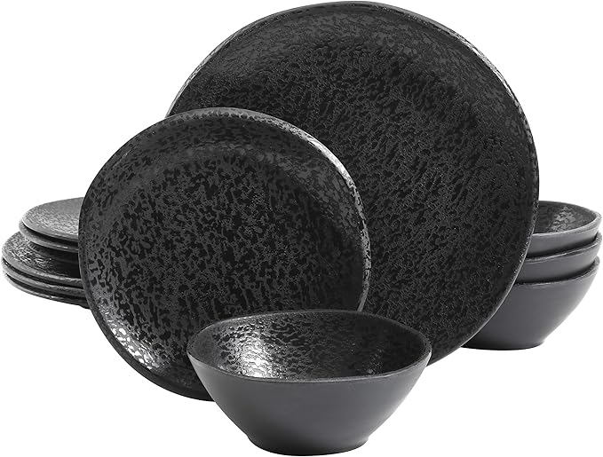 Gibson Home Yoko Round Melamine Plastic Dinnerware Set, Service for Four (12pcs), Matte Black