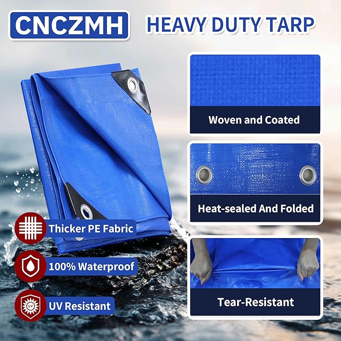 Heavy Duty Tarp Waterproof, 10 Mil Thick 16x20 Feet Finished Size Tarps Outdoor, Multipurpose Tarpaulin, Large Tarp for Emergency Rain Shelter Camping (Blue, 16x20ft)