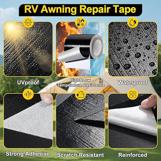 Tent Repair Tape RV Awning Repair Tape, Tent Repair Kit Waterproof Tenacious Adhesive Tape for Fabric, Awning, RV Roof, Tarp, Tent, Sail and Boat Cover (Black, 5inch×25FT)