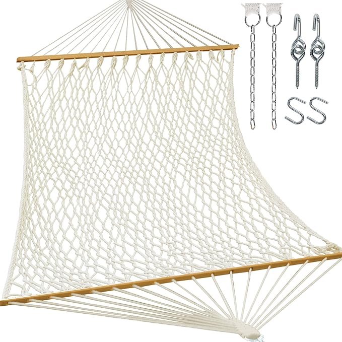 RedSwing Double Hammock for 2 Person,Rope Hammocks for Outside with Wooden Spreader Bars, Includes S-Hooks and Hanging Chains,Capacity 450 lbs