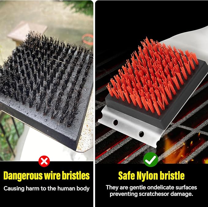 Grill Brush and Scraper, Dual Grip Design,Extra Strong BBQ Cleaner Accessories,Safe Nylon Bristles Barbecue Triple Scrubbers Cleaning Brush for Cast Iron Grates/Porcelain/Charcoal Grill