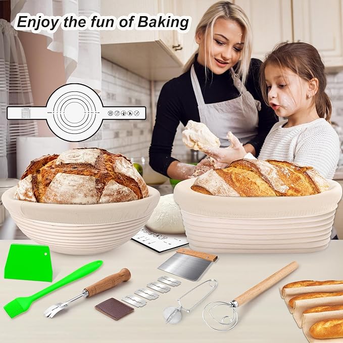 Large Sourdough Bread Baking Supplies, 10 Inch Round &12 Oval Banneton Bread Proofing Basket, Sourdough Starter Kit for Making Baking Fermentation