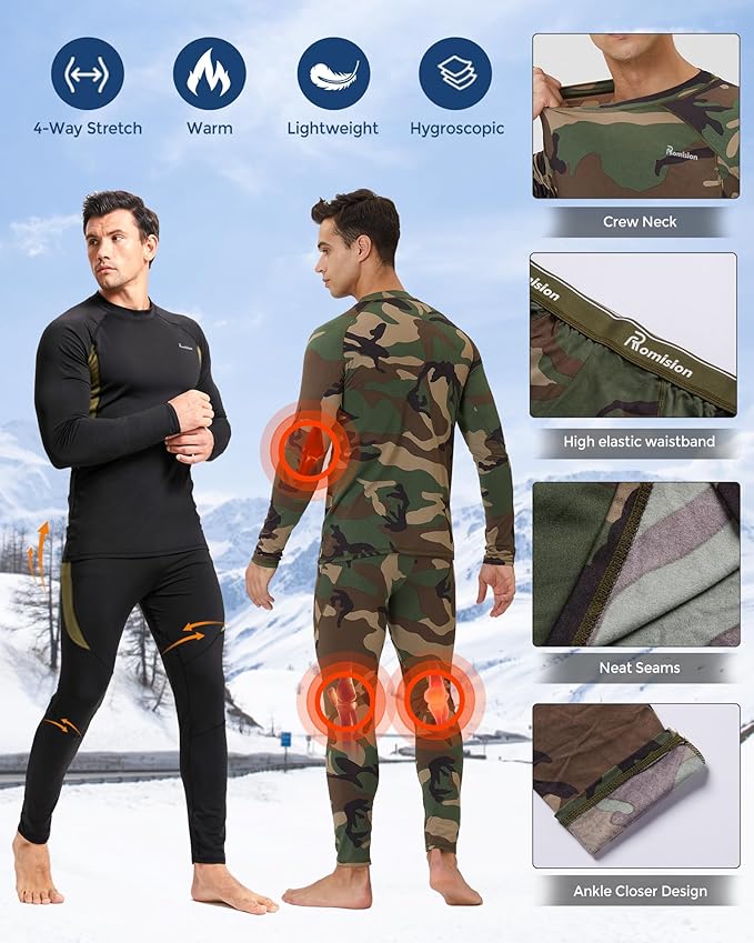 romision 2 Pack Thermal Underwear for Men Long Johns Fleece Lined Hunting Gear Bottom Top Set Base Layer Cold Weather XS-4XL