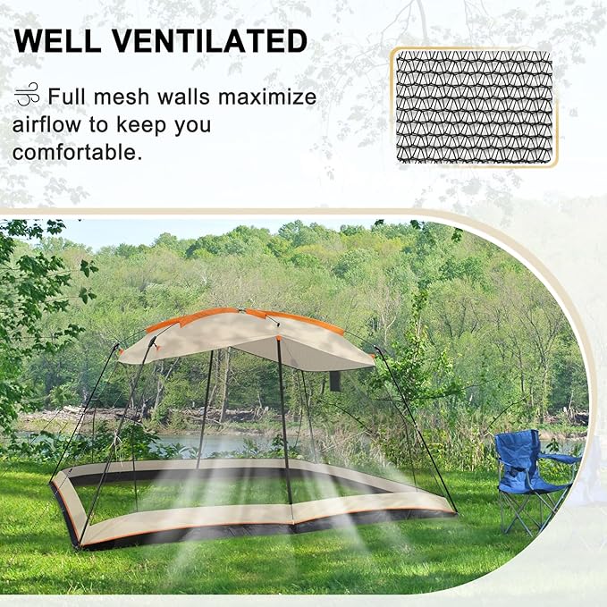 Hyper Venture Screen House 13x9 FT 4 Mesh Walls Canopy Tent Camping Gazebo Shelter for 6-8 People Outdoor Party Activities, Khaki