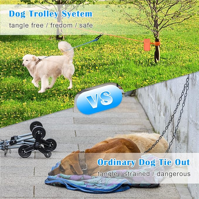 Upgraded Dog Tie Out Cable for Camping, 100FT Portable Trolley System for 2 Dogs, Knot-a-Hitch Dogs Hitching System up to 250lbs, Dog Runner for Yard Camping Training Running Hiking Outdoor