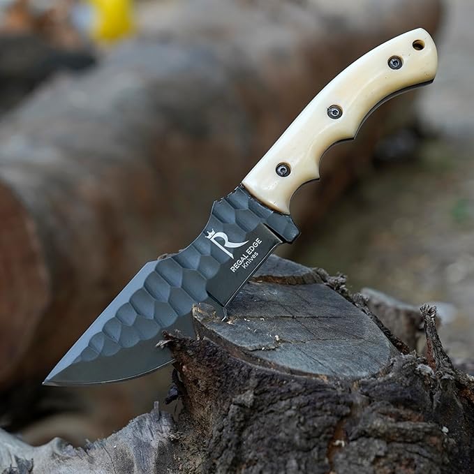 Fixed Blade Knife – 10” Handmade Tracker Hunting Blade with Camel Bone Handle & Leather Sheath, Full Tang 1095C High Carbon Steel Survival Knife for Camping, Hunting & Outdoor Use