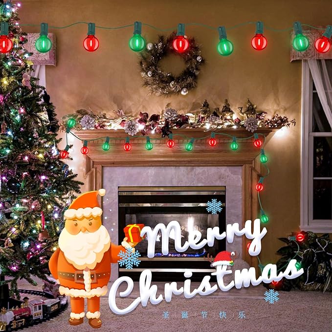 Abeja 50FT Multicolor Christma Lights Outdoor, 50Ft Outdoor Red/Green Christmas Lights with 25 LED Colorful Bulbs(2 Spare), Outside Christmas Hanging for Tree Roofline Holiday Party