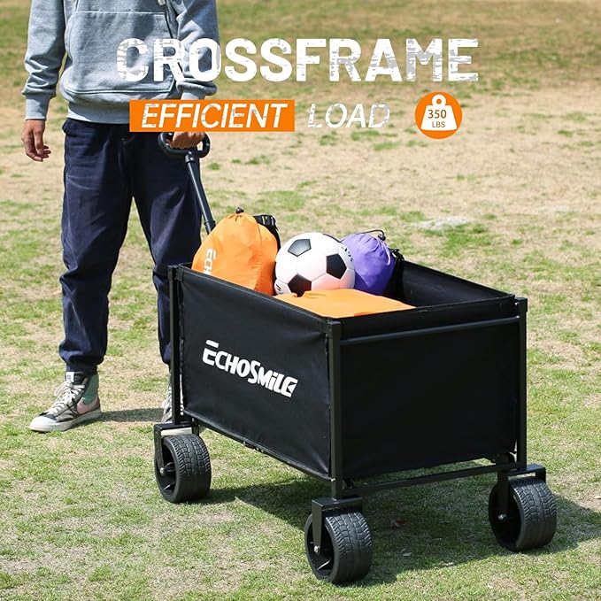 EchoSmile Collapsible Folding Wagon Cart with All-Terrain Wide Wheels, Heavy Duty Garden Cart with 350lbs Capacity,Portable Lightweight Rolling Wagon Cart for Camping Beach Sports Shopping,Black