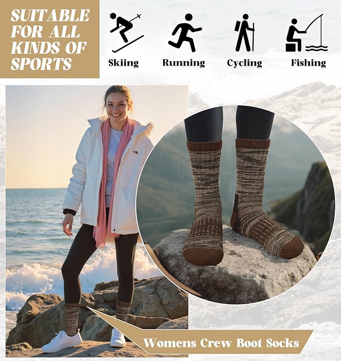Justay 4 Pairs Merino Wool Socks for Women, Hiking Thermal Warm Winter Cozy Thick Boot Socks for Women Gifts