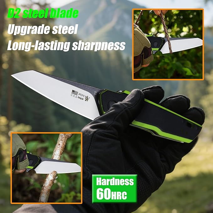 7.8in Folding Pocket Knife with D2 Steel Blade, G10 Handle, Ball Bearing Pivot, Stonewashed Finish – Outdoor EDC Utility Tool for Camping, Hiking, Survival Use(G10 - Black/Green)