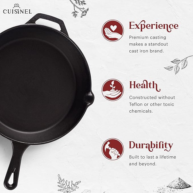 Cast Iron Skillet + Grill Press + Scraper Set - 12"-inch Pre-Seasoned Frying Pan + Silicone Handle Grip - 7" Round Burger Smasher - Indoor/Outdoor, Stove, Oven, Grill, Induction Kitchen Cookware