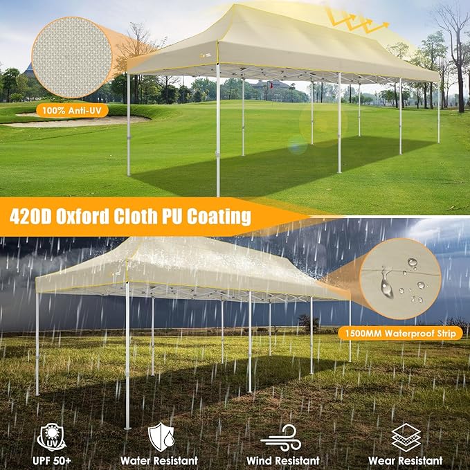 HOTEEL 10x30 Heavy Duty Pop Up Canopy Tent for Parties Event Wedding Commercial Instant Canopy with Wheeled Bag, Party Tent Waterproof UV 50+&Windproof, Upgraded Thick Hexagonal Legs, Khaki