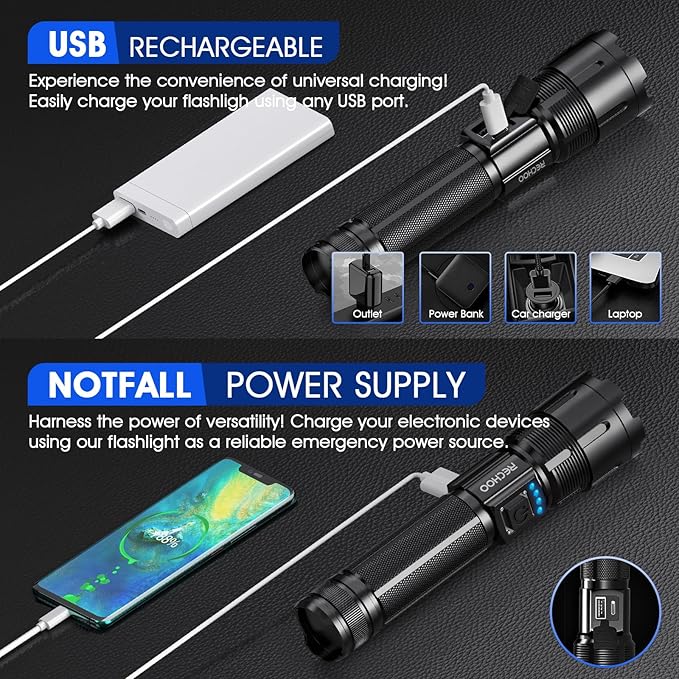 RECHOO Rechargeable Flashlights High Lumens, 1000 Lumens Tactical Flashlights, Super Bright LED Flashlight with 5 Mode & Zoomable, IP65 Waterproof Flash Light for Camping, Hiking, Emergency, Home