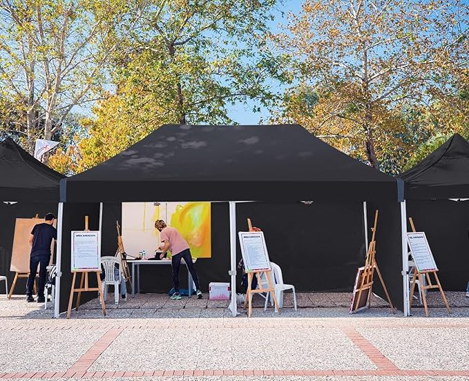 10x20 pop up Canopy, Eazy up Outdoor Patio Canopy Tent with sidewalls, Heavy Duty Commercial Instant Tent with Sand Bags for Deck, Party, Camping, Backyard, Playground, Black