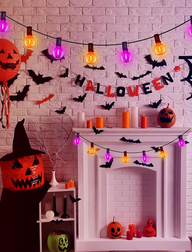 Abeja Halloween G40 LED String Light, Orange Purple Halloween Lights Outdoor with 27 LED Shatterproof Clear Lights Bulbs(2 Spare) for Patio Balcony Backyard Pergola Decor
