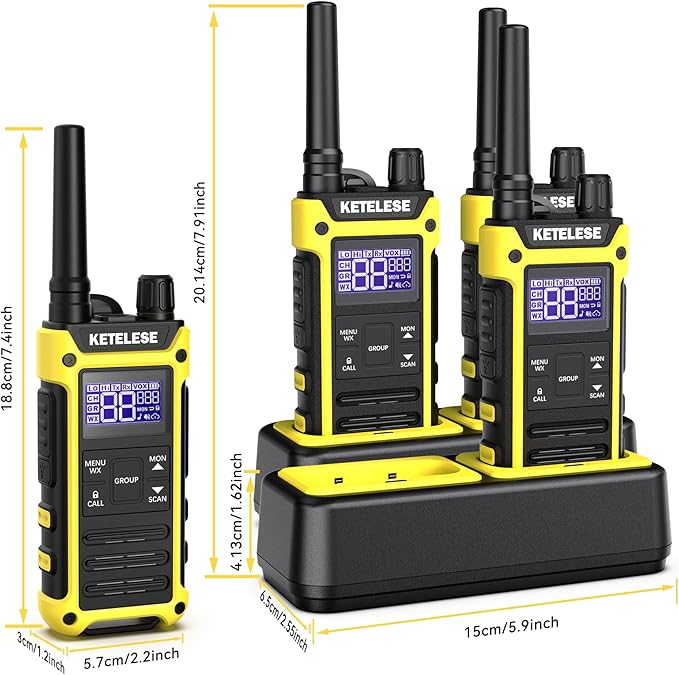 T3F IP67 Waterproof Two Way Radios, FRS Walkie Talkie 4 Pack with Earpieces,USB C Charge Dock,Group Talk,Flashlight,VOX,Weather Alert, for Adults, Black/Yellow