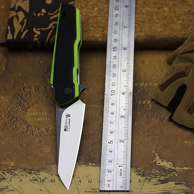 7.8in Folding Pocket Knife with D2 Steel Blade, G10 Handle, Ball Bearing Pivot, Stonewashed Finish – Outdoor EDC Utility Tool for Camping, Hiking, Survival Use(G10 - Black/Green)