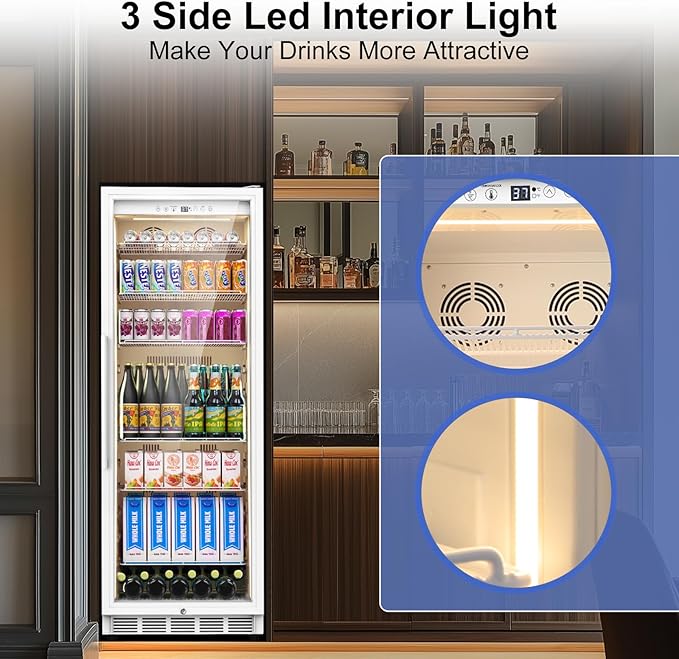 Commercial Display Refrigerator with Glass Door, Upright Beverage Cooler Merchandiser with Reversible Door, Drink Fridge with Door Lock for Restaurant Supermarket Convenience Store, 13.8 Cu.Ft