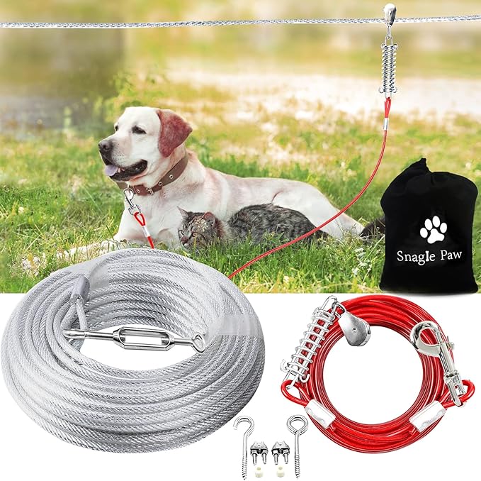 Dog Tie Out Runner for Yard,Trolley System for Large Dogs,Heavy Duty Dog Run Cable 100ft with 10ft Pulley Runner Line for Dogs Up to 125lbs,Yard or Camping