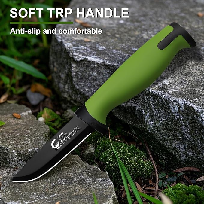 Survival Knife 2 pack, 3.5-inch Carbon Steel Blade, Black Non-Stick Finish with Hard Plastic Sheath to Belts, Soft TPR Handle Camping Knife for Outdoor, Survival, Fishing, Hiking