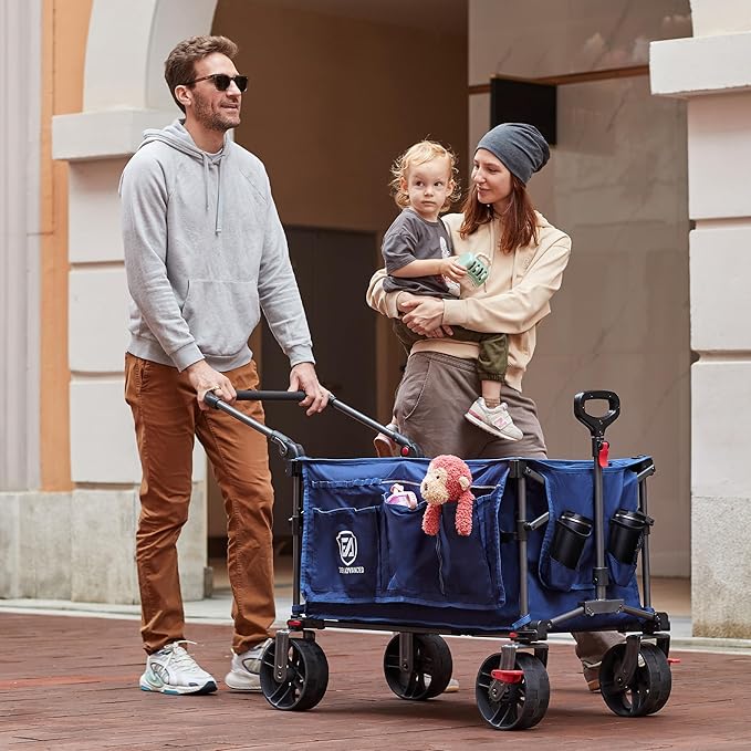 EVER ADVANCED Folding Push Wagon with Brakes, Portable Shopping Cart, Collapsible Wagon Cart with All-Terrain Big Wheels for Camping, Beach, Sports