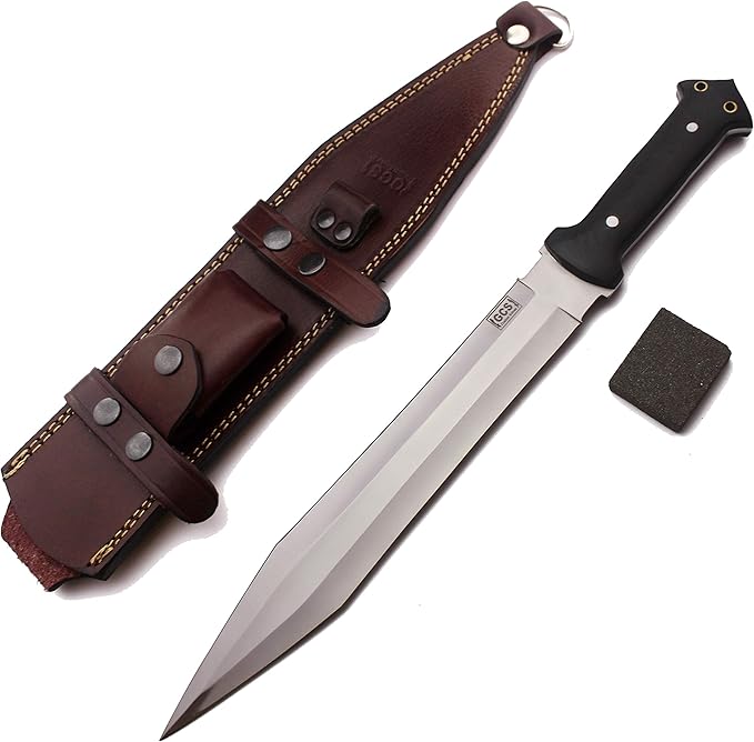 GCS Handmade Survival Hunting Knife and Bowie Black G10 Handle with Brown Leather Right or Left Hand Horizontal Fixed Blade Knife Sheath & Sharpening Stone (D2-16.5" Trail Master