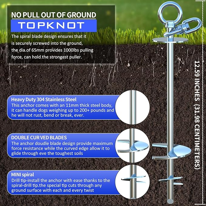 TOPKNOT Dog Tie Out Cable and Stake,(up to 200lbs) 15FT Heavy Duty Cable,360°Swivel Run Anchor- No Tangle,Dog Runner for Yard,Ideal for Outdoor Camping