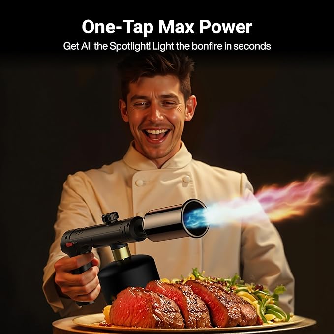 Propane Torch with One-Touch Max Fire, Cooking Blow Torch Gun with a Safety Lock, Charcoal Lighter, Flame Thrower, Kitchen Food Torch Head for Grill, Sous Vide, BBQ, Coal Black