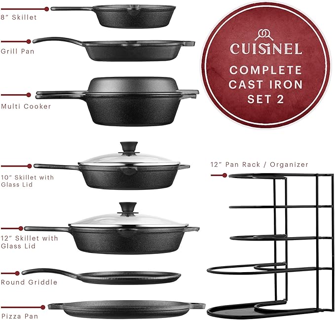 Cuisinel Cast Iron Cookware Set - Complete Pre-Seasoned Kit - 8" Skillet & 10" + 12" Skillets with Glass Lid + Grill Pan + Multi-Cooker/Dutch Oven + Flat Griddle + Pizza Pan + Organizer Rack - 2024