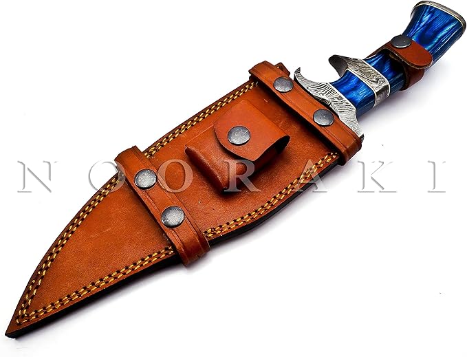 NOORAKI - 15″ Damascus Bowie Knife with Sheath | Hand Made Hunting Knife - Fixed Blade Long Bowie Knives - Ideal for Survival ,Chopping, Camping, Outdoor Gift for Men |Tactical Knife Wood Handle (Blue)