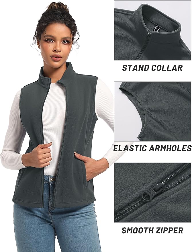 TACVASEN Women's Fleece Vest Lightweight Warm Vests Outerwear Sleeveless Zip Jacket Fall Winter Soft Vest with Pockets
