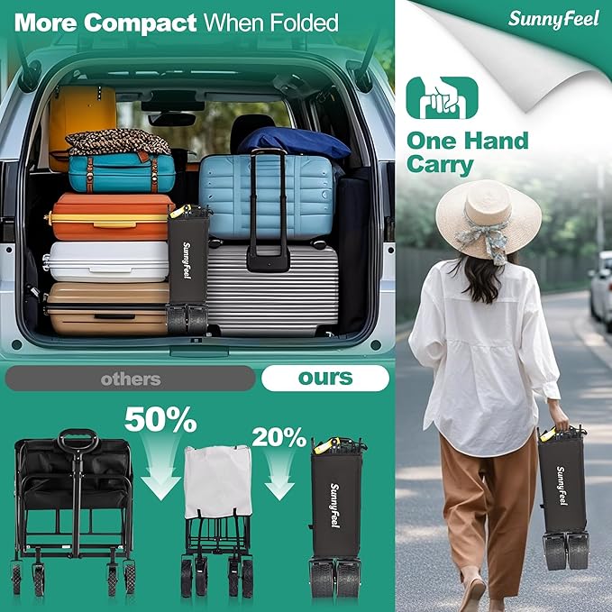 SUNNYFEEL 550L Large Capacity Folding Sports Wagon, 550LBS Heavy Duty Collapsible Cart,Extra High Extender Wagon Cart with Tailgate, All-Terrain Big Wheels for Camping Fishing & Outdoor Use,Black