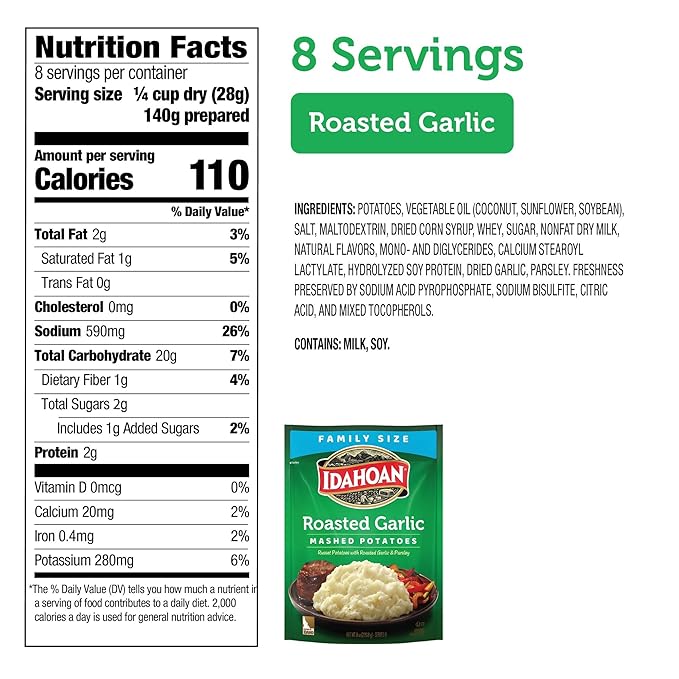 Idahoan Roasted Garlic Mashed Potatoes, Naturally Gluten-Free, 100% Real Idaho Potatoes, 8 servings per bag, 8 ounce (Pack of 8)