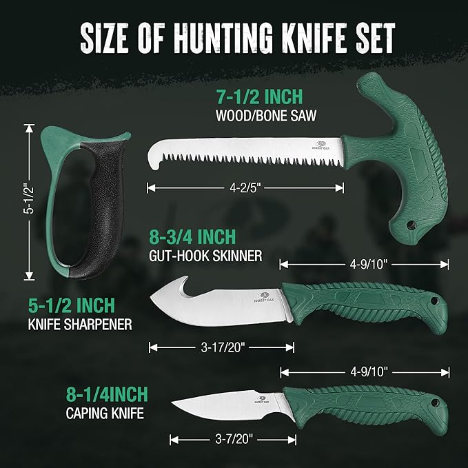 Mossy Oak Field Dressing Kit, 4 Pcs Hunting Knife Set with Portable Sheath, Gut-Hook Skinner, Caping Knife, Wood/Bone Saw, Knife Sharpener, for Deer Hunting, Camping, Perfect Hunting Gifts for Men
