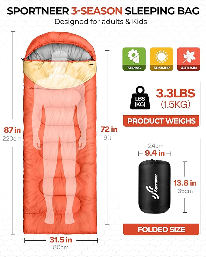 Sportneer Sleeping Bags for Adults, Warm & Cold Weather Sleeping Bag for Adults Kids Boys Girls - Lightweight Compact Camping Gear Equipment, Traveling, Backpacking, Hiking
