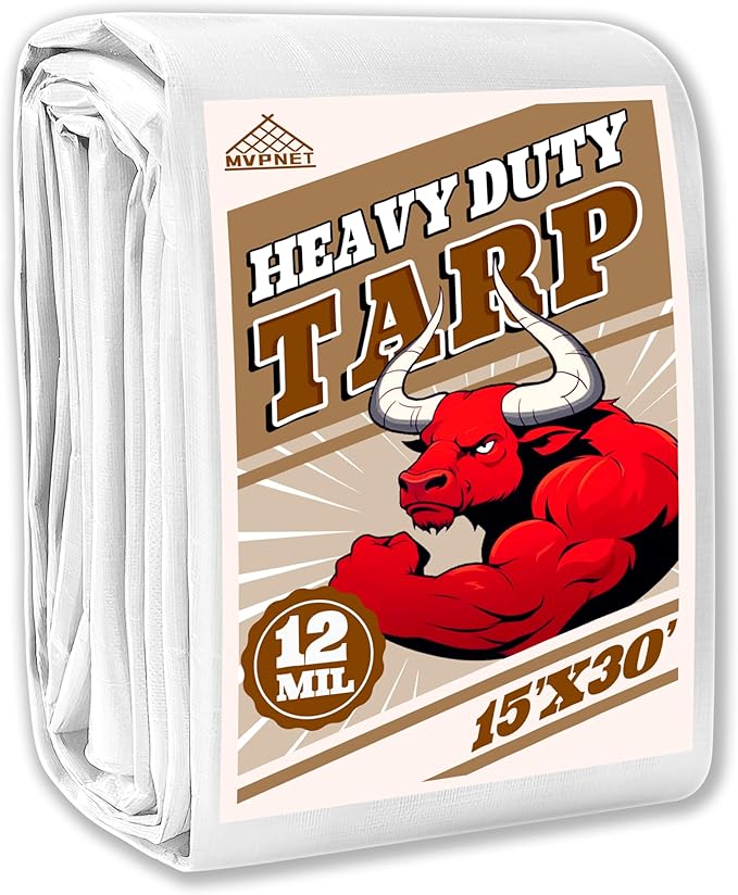 Tarp 15x30 ft Heavy Duty 12mil 100% Waterproof High Durability Multipurpose,Uv Resistant,White Tarp Suitable for Swimming Pools, Boats, Camping, Courtyards, Etc -by MVPNET