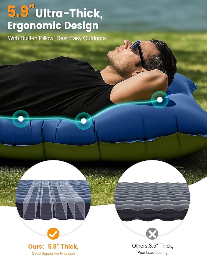 Camping Sleeping Pad,5.9 Inch Thick Camping Mat with Built in Pillow and Foot Pump,Self Inflating Sleeping Pad Ultralight for Camping Backpacking Tent(Green