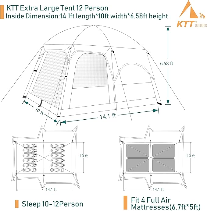 KTT Extra Large Tent 6-10-12-14 Person(A),Family Cabin Tents,2 Rooms,3 Doors and 3 Windows with Mesh,Straight Wall,Waterproof,Double Layer,Big Tent for Outdoor,Picnic,Camping,Family Gathering