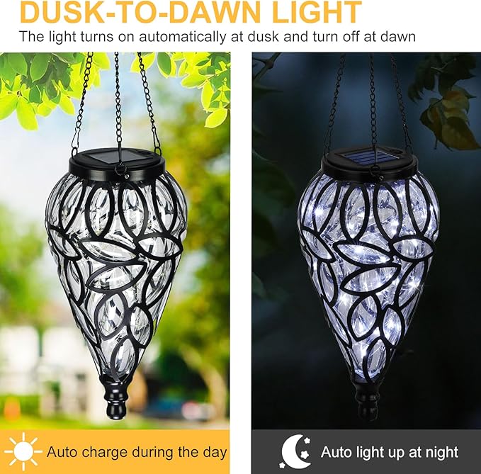 LEWIS&WAYNE Solar Hanging Lantern Outdoor Lights, Tear-Shaped 15 LEDs Cool White Hanging Lights with S Hooks Decor in Garden, Yard, Pathway, Front Door and Landscape
