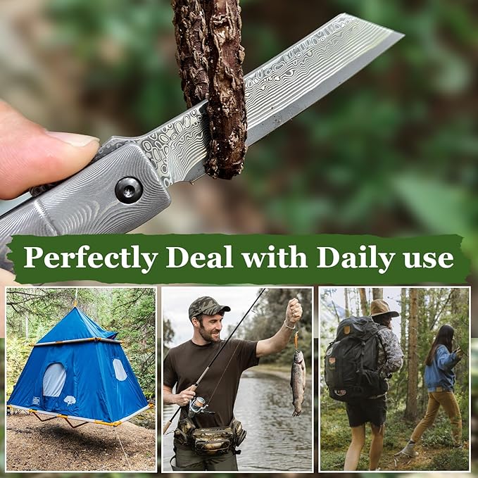 KATSU Handmade Full Damascus Pocket Knife,3" Damascus Blade Bamboo Style Men Women Folding Knife with Clip Linner Lock, Japanese Razor Work Knife with Leather Sheath Camping Hiking