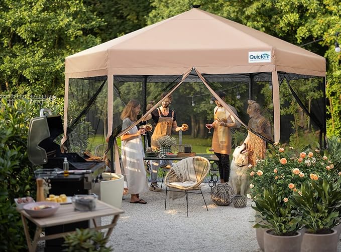 Pop up Screened Canopy Tent with Mosquito Netting, Portable Easy up Outdoor Screen House Shelter Fully Sealed for Patio, Camping and Picnic, Includes Wheeled Carry Bag (Tan, 13'x13')