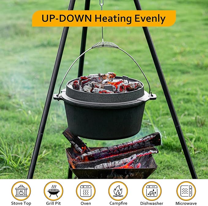 Velaze 10QT Camping Dutch Oven, Pre-Seasoned Cast Iron Camp Dutch Oven Pot with Lid, for Use in the Oven, on the Stove, Grill, or over the Campfire - Metal Handle, Lid Lifter, and Stand Support