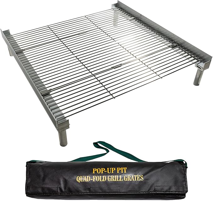 Fireside Outdoor Pop-Up Fire Pit Grill Grates - Folding Campfire Grill Grate Over Fire Pit Grate, Portable BBQ Grills, Camping Cooking, Camping Essentials, Outdoor Cooking - Quad-Fold Grates